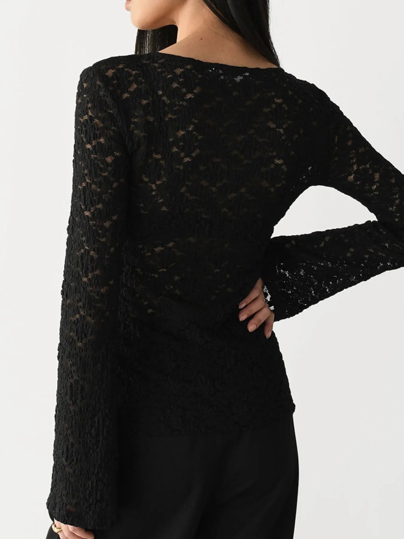 Trendsi Lace V-Neck Flare Sleeve T-Shirt