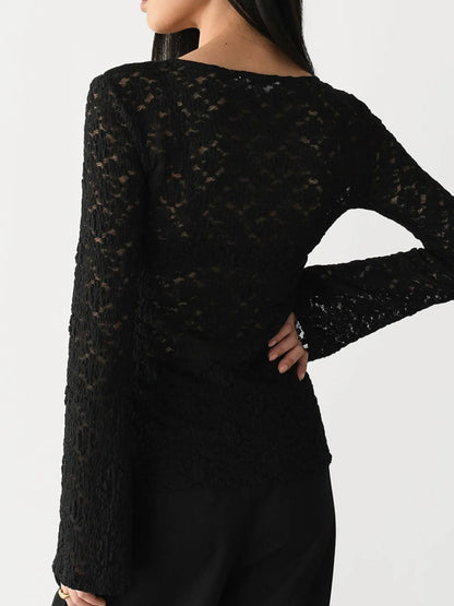 Trendsi Lace V-Neck Flare Sleeve T-Shirt