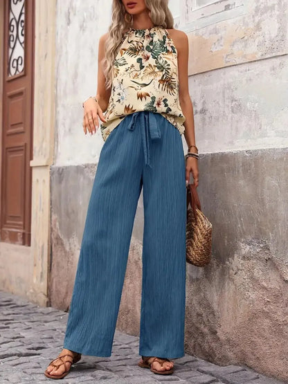 Printed Tank Top and Wide Leg Pants Set Cerulean Easy Apparels