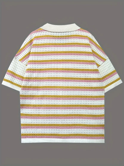 Colorful Striped Button Up Top and Shorts Sweater Set Easy Apparels