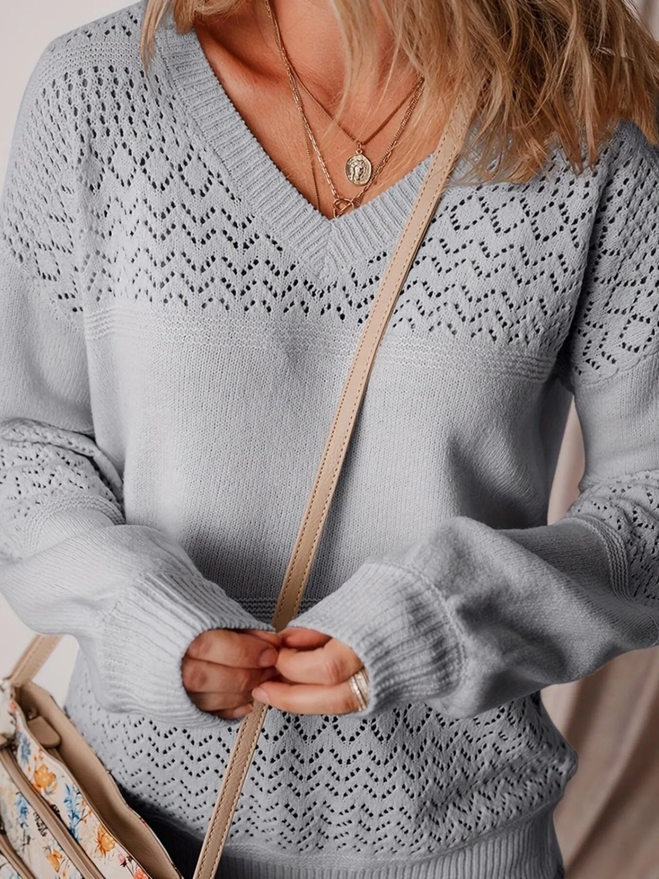 Trendsi Eyelet Deatil V-Neck Long Sleeve Sweater Gray