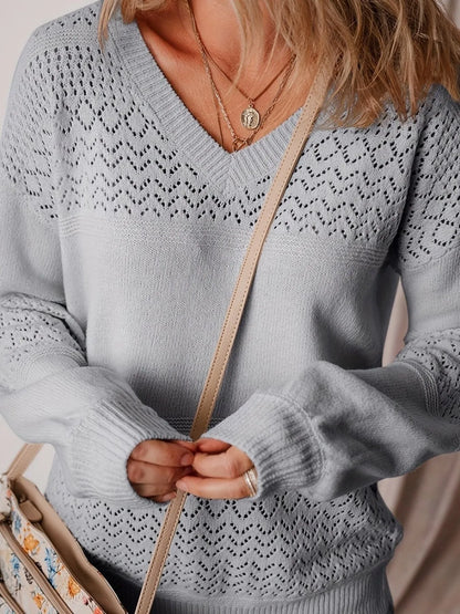 Trendsi Eyelet Deatil V-Neck Long Sleeve Sweater Gray