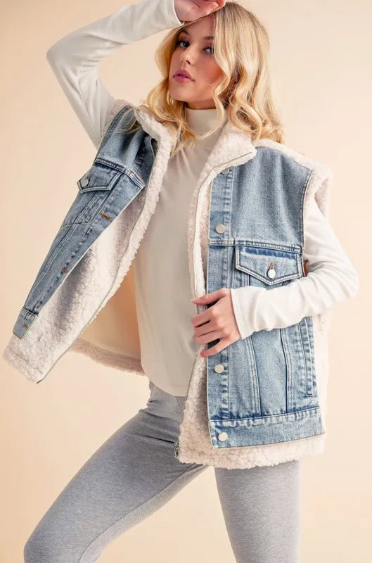Aemi + Co Fake Two Pieces Denim Patch Sherpa Vest Coat Easy Apparels