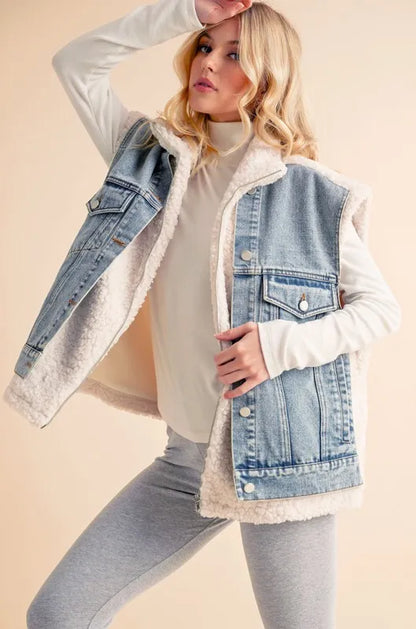 Aemi + Co Fake Two Pieces Denim Patch Sherpa Vest Coat Easy Apparels
