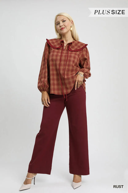 Umgee Full Size Plaid Ruffle Collar Blouse Plus Size Easy Apparels