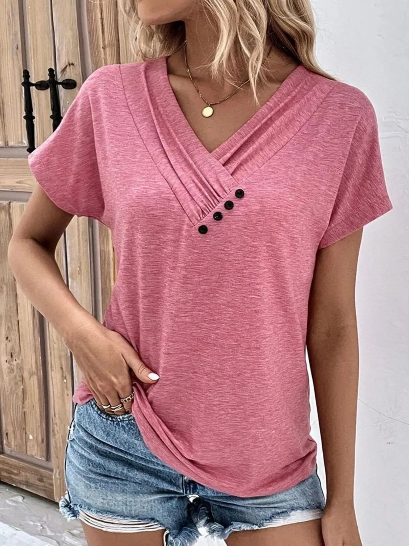 Trendsi Decor Button Short Sleeve T-Shirt