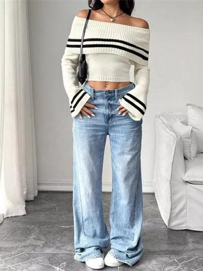 Trendsi Ribbed Off-Shoulder Striped Knit Top