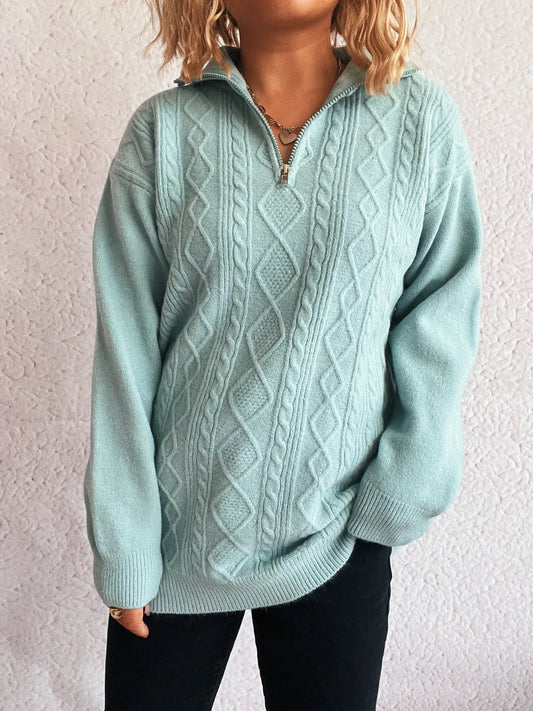 Trendsi Texture Zip Collar Long Sleeve Sweater Blue One Size