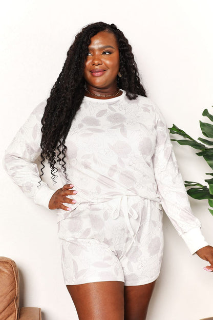 Double Take Floral Long Sleeve Top and Shorts Loungewear Set White Easy Apparels