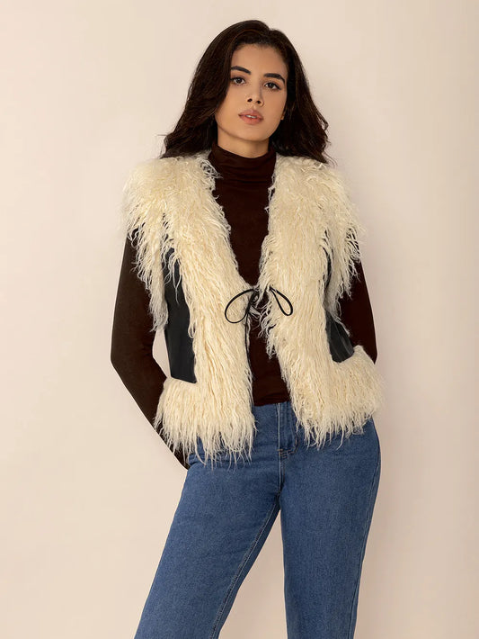 Tied Fringe Contrast Vest Black Easy Apparels
