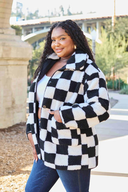 Double Take Full Size Checkered Button Front Coat with Pockets Easy Apparels