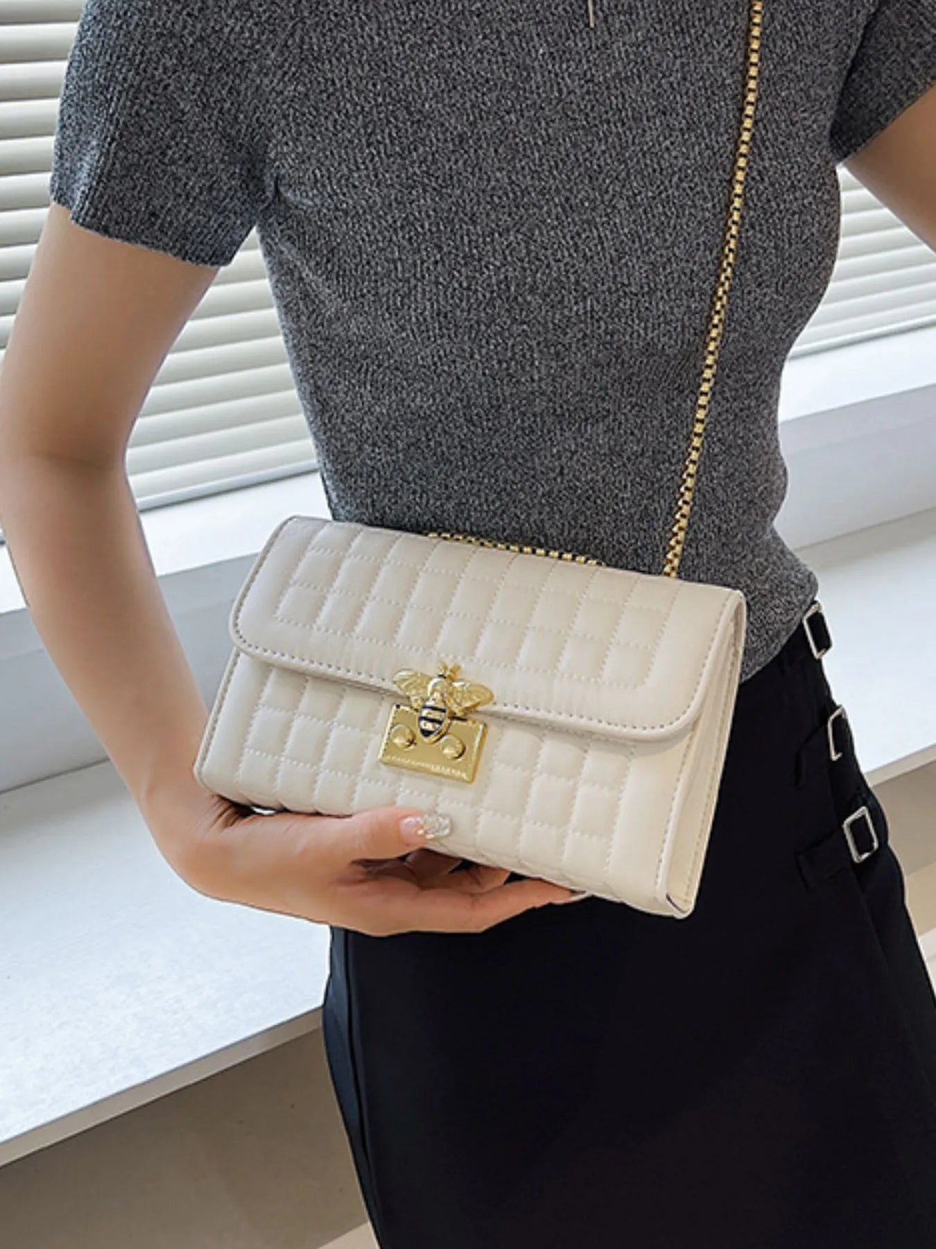 Quilted Chain Shoulder Bag Beige White One Size Easy Apparels