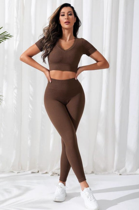V-Neck Crop Top and High Waistband Long Active Pants Chocolate Easy Apparels
