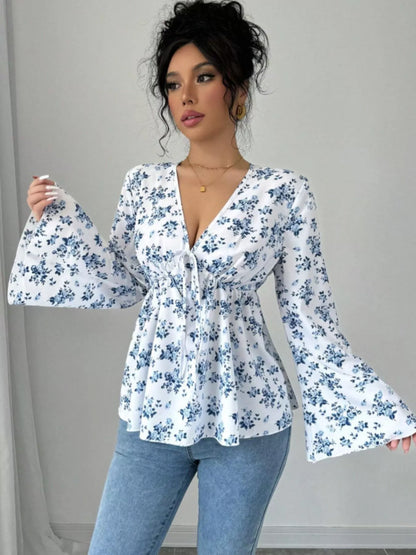 Trendsi Floral Print V-Neck Long Sleeve Blouse
