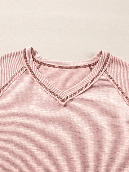 Trendsi Exposed Seam Ribbed Knit V Neck Top