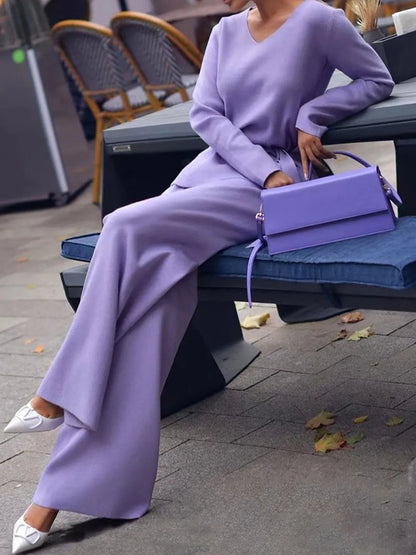 V-Neck Long Sleeve Top and Drawstring Pants Sweater Set Blue Purple One Size Easy Apparels