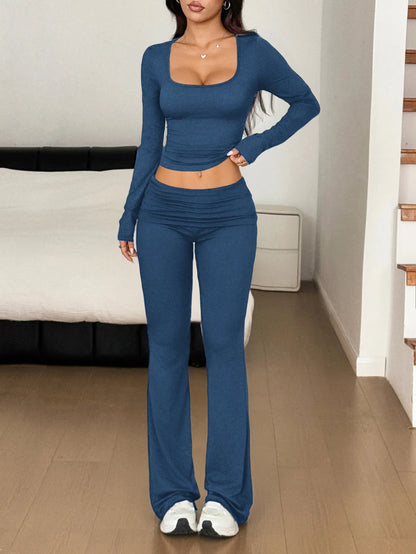 Long Sleeve Crop Top and Bootcut Pants Set Easy Apparels
