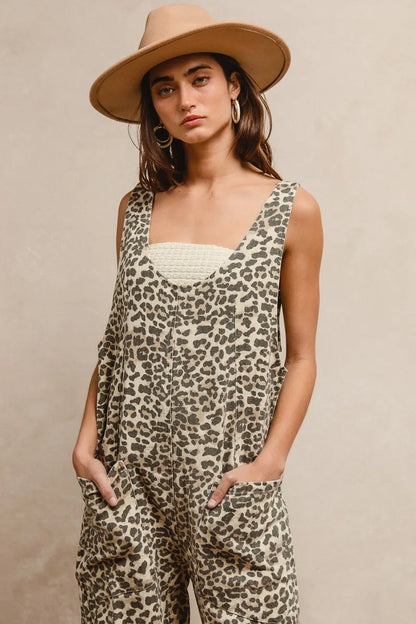 BiBi Leopard Print Adjustable Strap U Neck Jumpsuit Easy Apparels