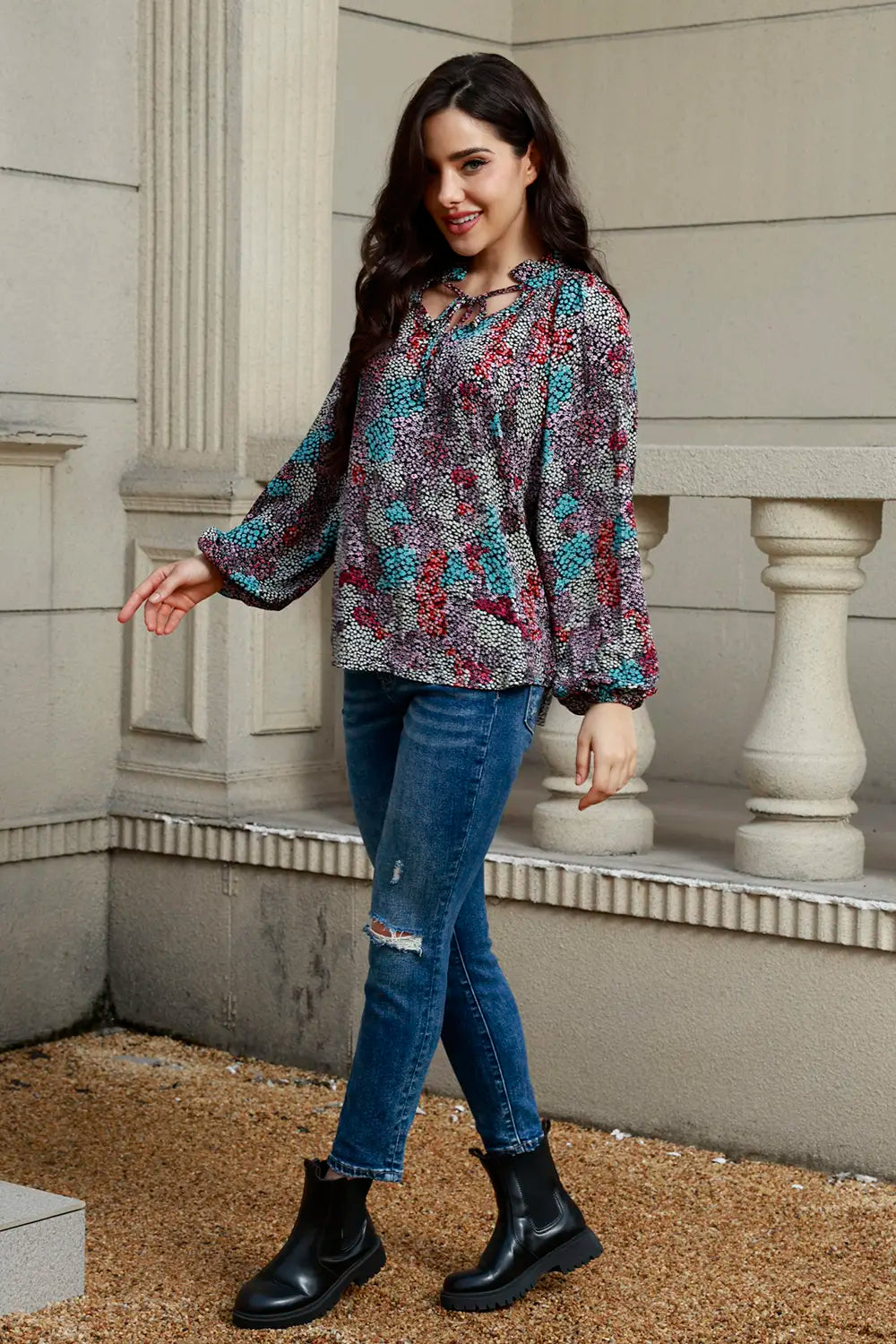 Trendsi Tie Neck Heathered Balloon Sleeve Blouse