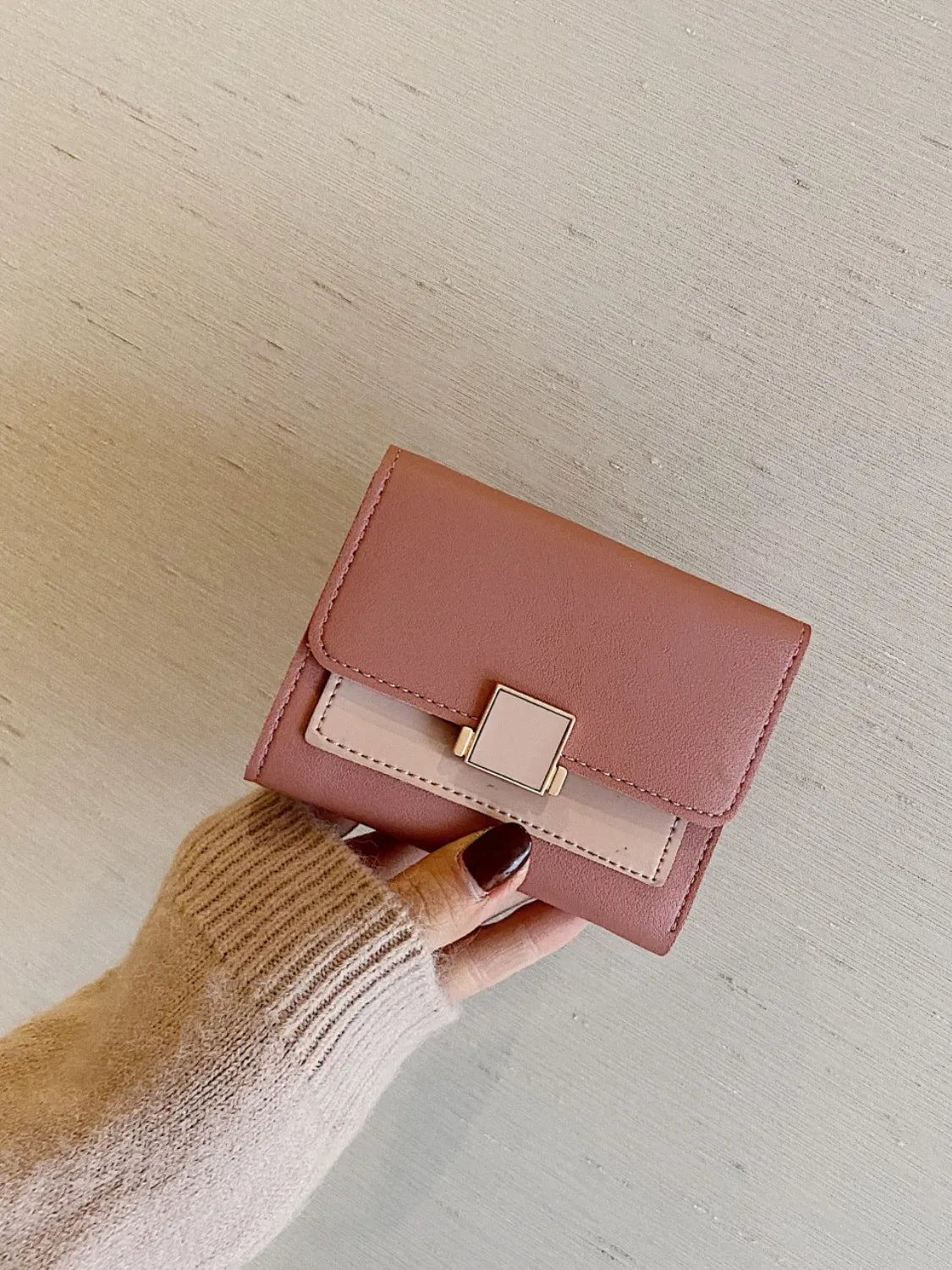 Contrast PU Leather Wallet Dusty Pink One Size Easy Apparels