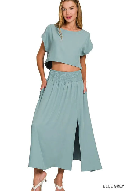 Zenana Heavy Woven Span Crop Tee & Skirt Set Easy Apparels