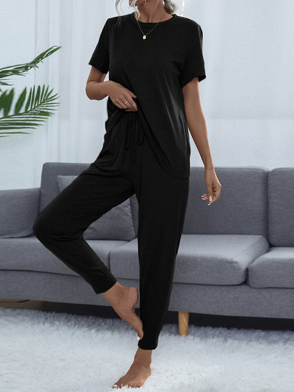 Shiny Round Neck Short Sleeve Top and Pants Set Black Easy Apparels