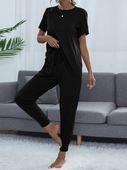Shiny Round Neck Short Sleeve Top and Pants Set Black Easy Apparels