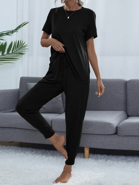 Shiny Round Neck Short Sleeve Top and Pants Set Black Easy Apparels