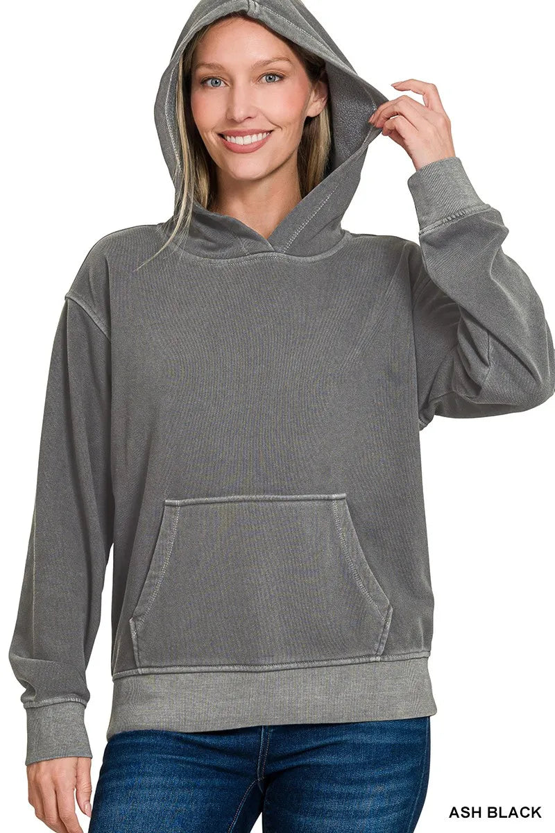 Trendsi Zenana Fleece Pigment Dye Kangaroo Pocket Hoodie