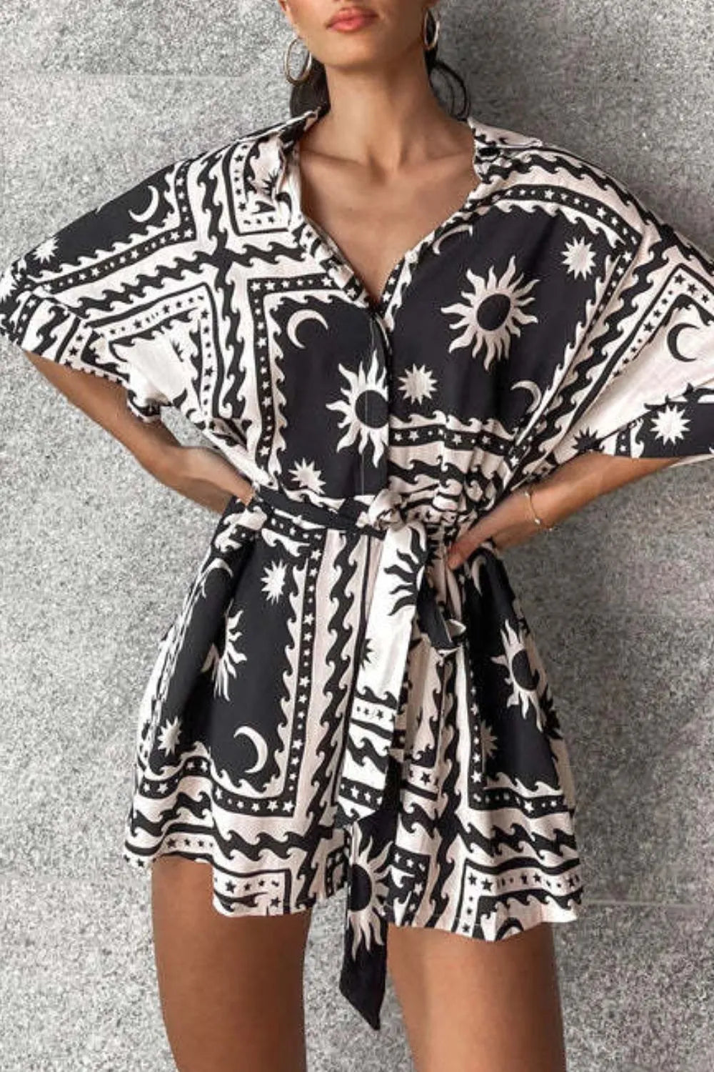 Printed Tie Waist Romper Easy Apparels