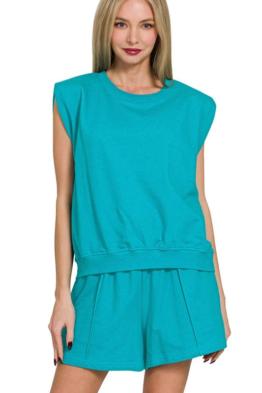 Zenana French Terry Sleeveless Top & Shorts Set LT TEAL Easy Apparels