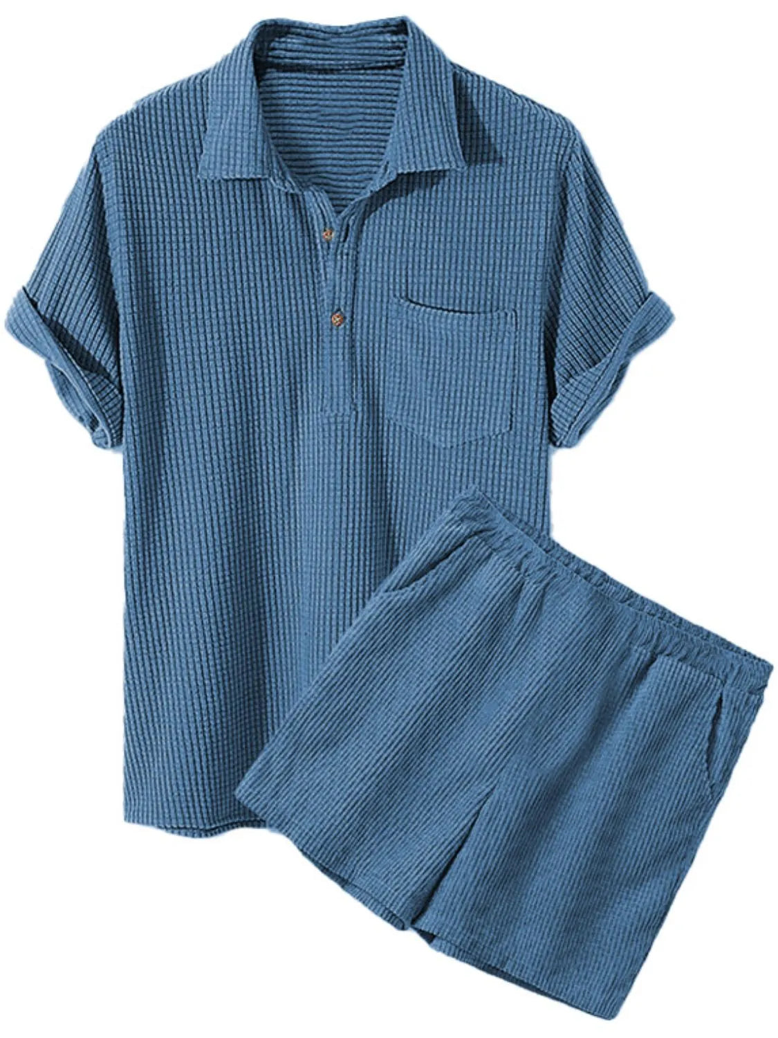 Men's Full Size Button Detail Short Sleeve Top and Shorts Set Plus Size Blue Easy Apparels