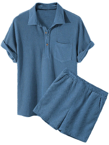 Men's Full Size Button Detail Short Sleeve Top and Shorts Set Plus Size Blue Easy Apparels
