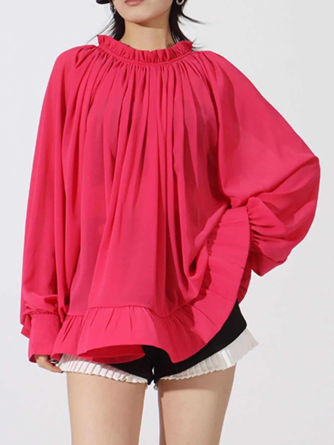 Trendsi Ruffled Hem Long Sleeve Blouse Rose Red One size fits all