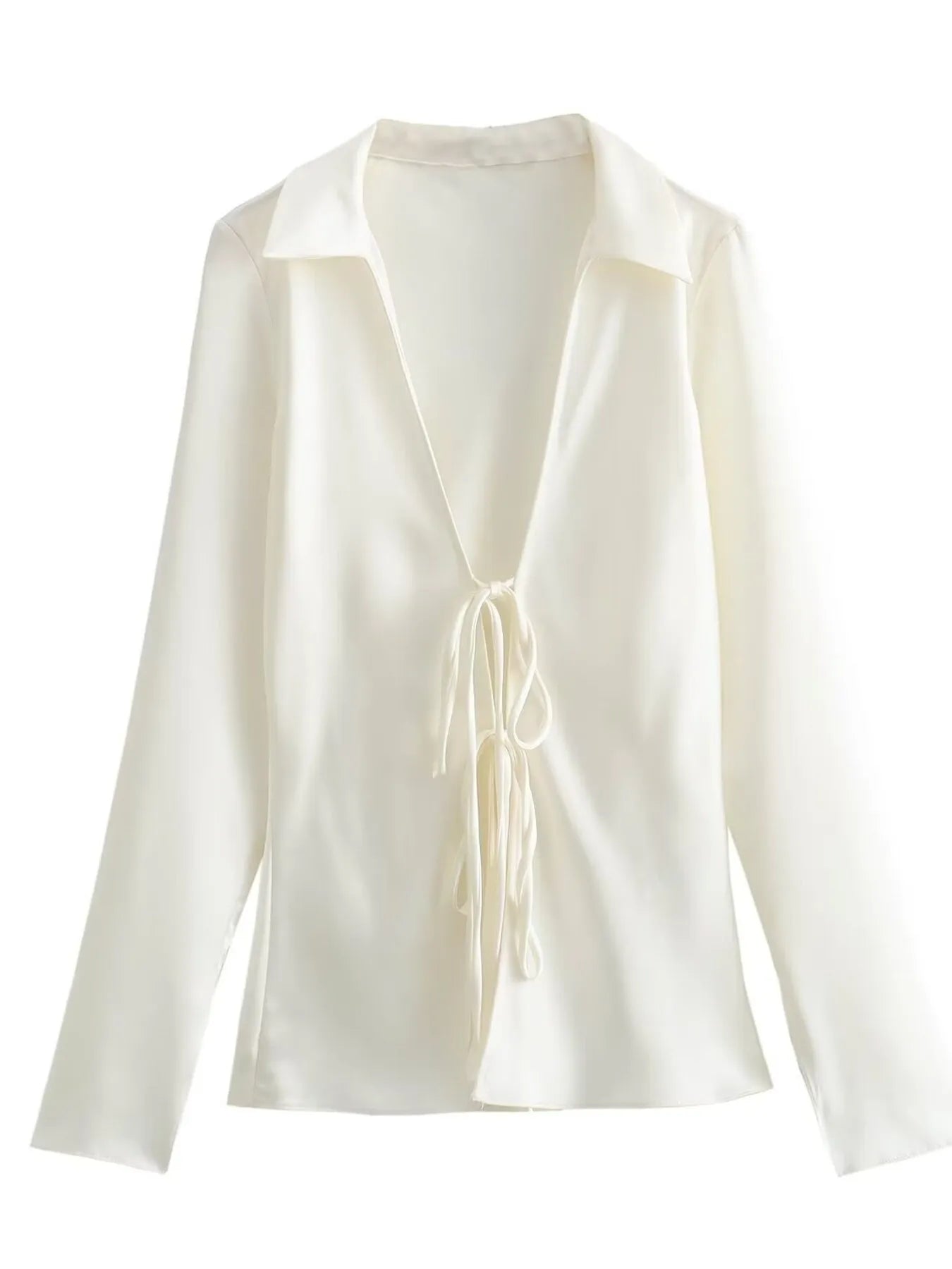 Trendsi Satin Tie-Front Long Sleeve Shirt