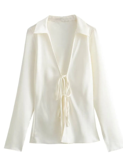 Trendsi Satin Tie-Front Long Sleeve Shirt