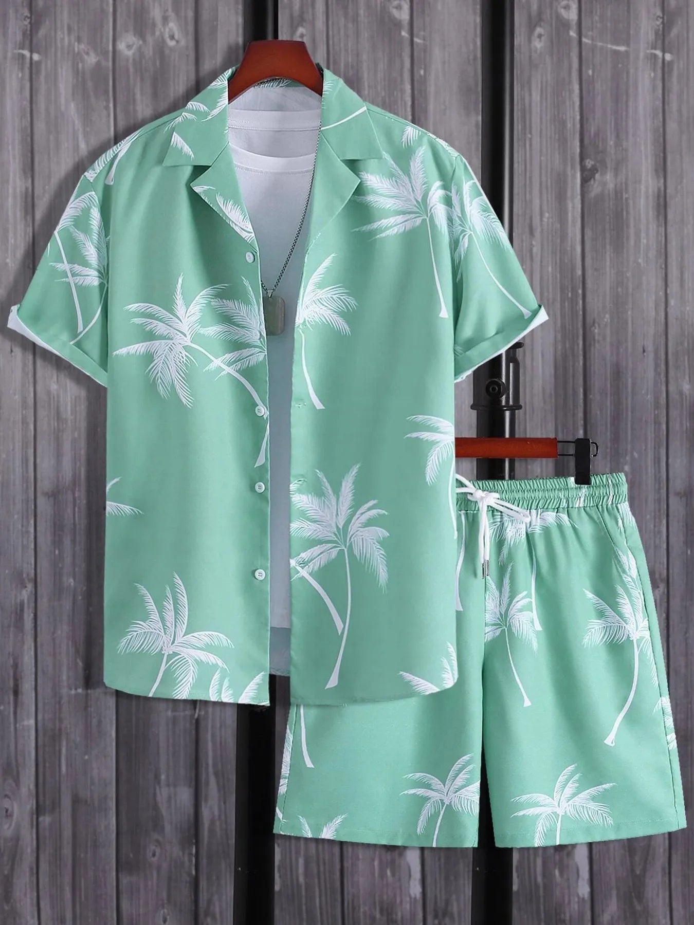 Men's Full Size Palm Print Button Up Shirt and Shorts Set Plus Size Gum Leaf Easy Apparels