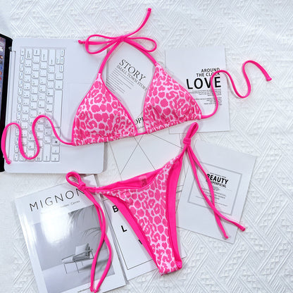 Leopard Print Halter Neck Tie Side Bikini Set Easy Apparels