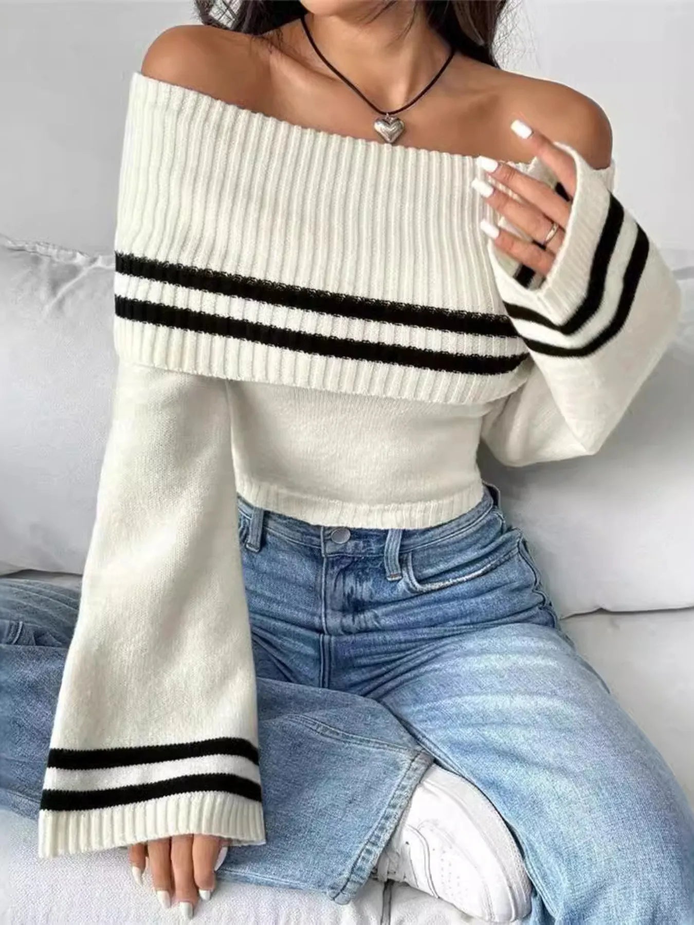 Trendsi Ribbed Off-Shoulder Striped Knit Top