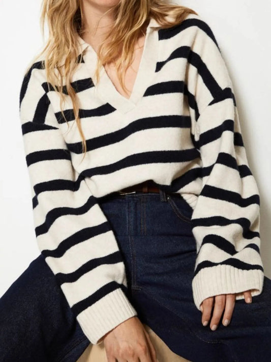 Trendsi Striped Johnny Collar Long Sleeve Sweater White