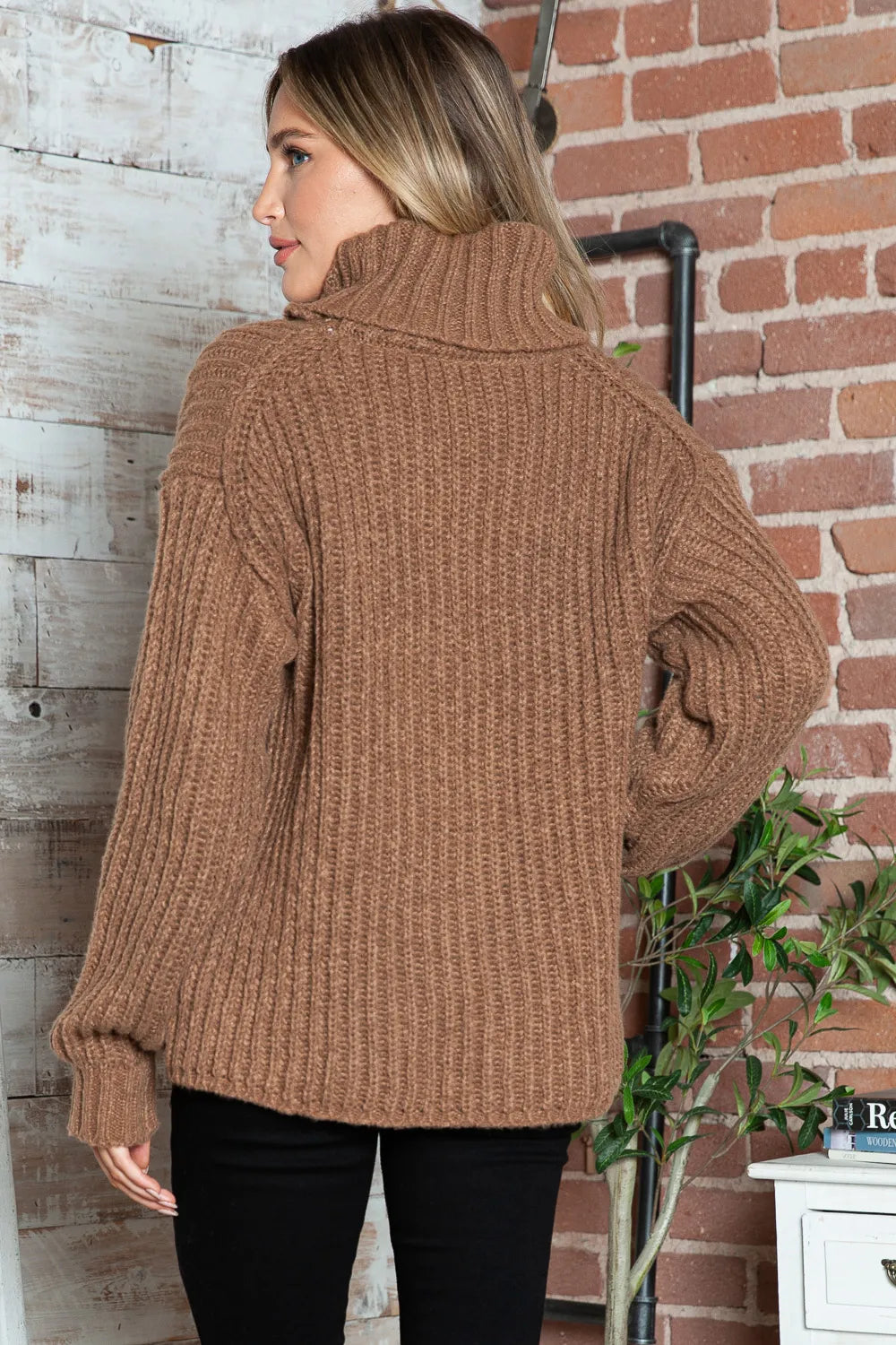 Turtleneck Dropped Shoulder Pullover Sweater Easy Apparels