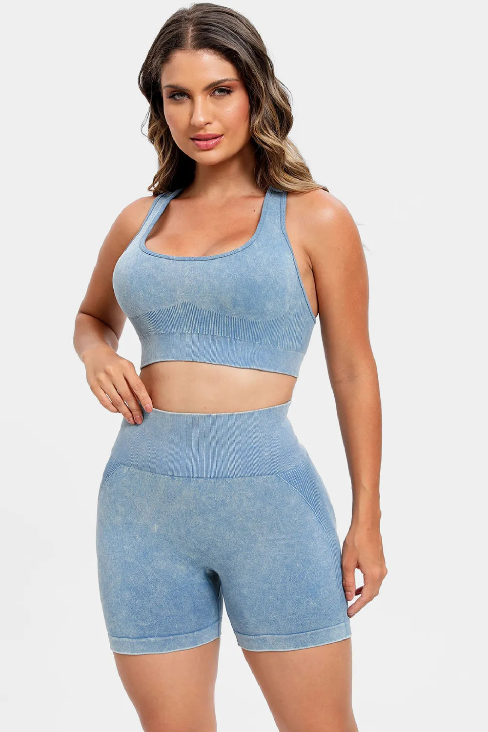 3 Piece Washed Square Neck Wide Strap Active Set Easy Apparels