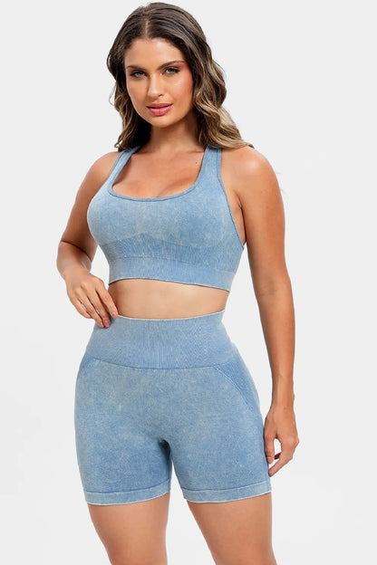 3 Piece Washed Square Neck Wide Strap Active Set Easy Apparels