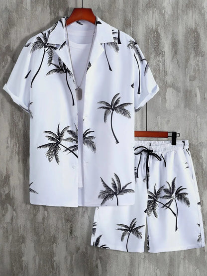 Men's Full Size Palm Print Button Up Shirt and Shorts Set Plus Size White Easy Apparels