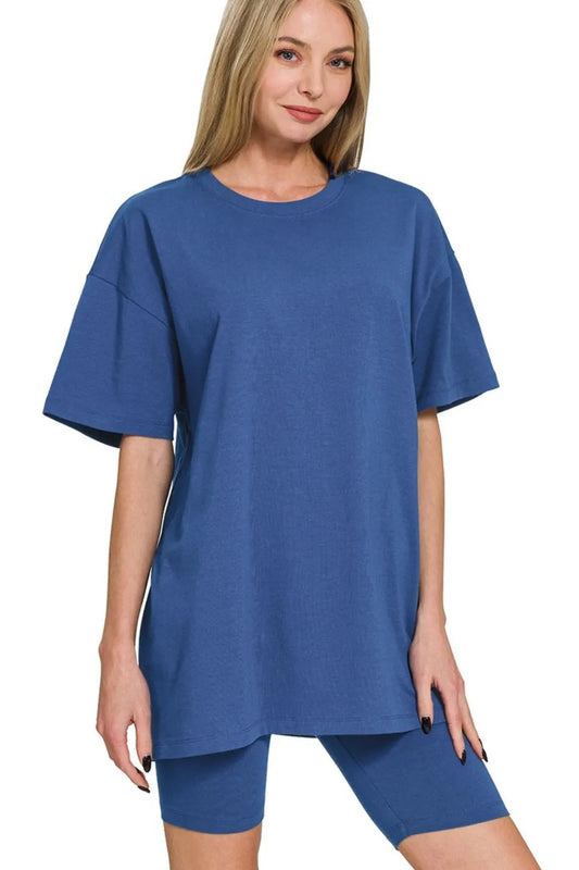 Zenana Cotton Round Neck Top & Biker Shorts LT NAVY Easy Apparels