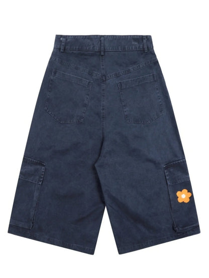 Men's Flower Embroidered Denim Cargo Shorts Easy Apparels