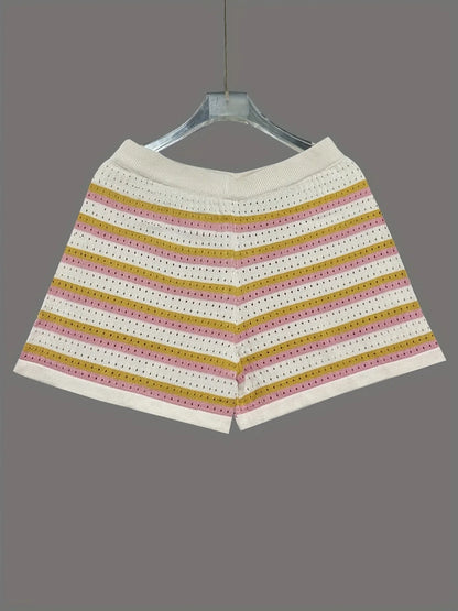 Colorful Striped Button Up Top and Shorts Sweater Set Easy Apparels