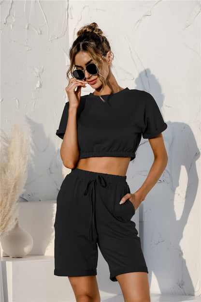 Short Sleeve Cropped Top and Drawstring Shorts Lounge Set Easy Apparels
