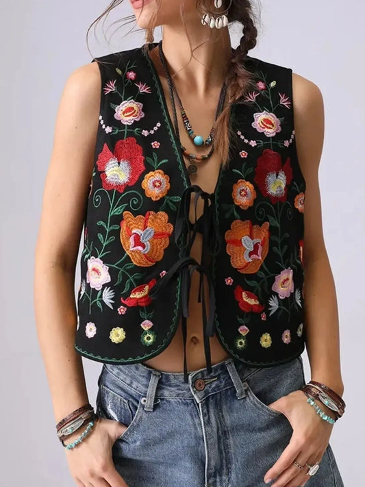 Floral Embroidered Lace-Up Vest Easy Apparels