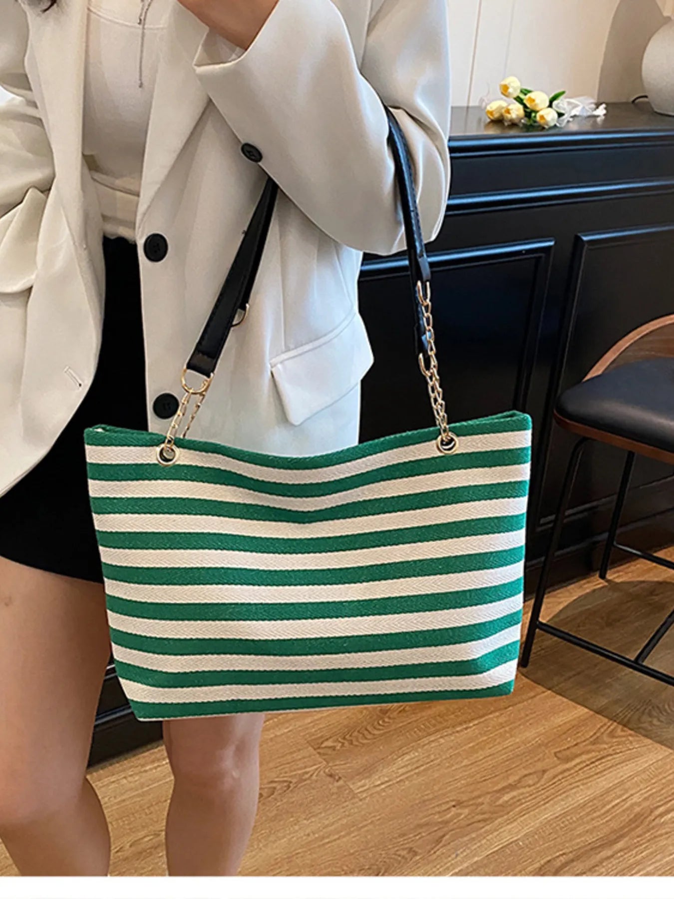 Striped Shoulder Bag with Chain Detail Easy Apparels